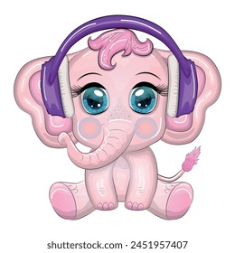 Cute cartoon elephant, childish character with beautiful eyes wearing headphones, music lover listening to music or learning lessons