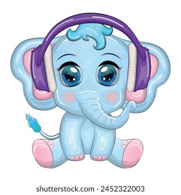 Cute cartoon elephant, childish character with beautiful eyes wearing headphones, music lover listening to music or learning lessons