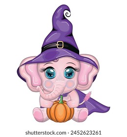 Cute cartoon elephant, childish character in wizard hat with pumpkin, potion or broom, halloween.