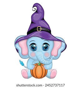 Cute cartoon elephant, childish character in wizard hat with pumpkin, potion or broom, halloween.