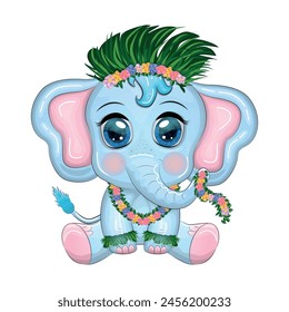 Cute cartoon elephant, childish character with beautiful eyes in Hawaiian costume, beach and vacation.