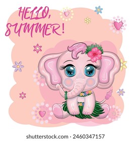 Cute cartoon elephant, childish character with beautiful eyes in Hawaiian costume, beach and vacation.