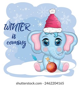 Cute cartoon elephant, childish character with beautiful eyes wearing santa hat, scarf, holding gift, christmas ball or candy cane. The concept of the holiday of Christmas and New Year