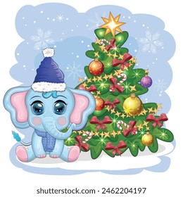 Cute cartoon elephant, childish character in santa hat with gift, christmas ball or candy cane near christmas tree. New Year