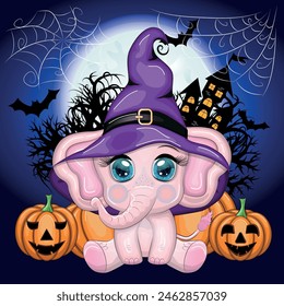 Cute cartoon elephant, childish character in wizard hat with pumpkin, potion or broom. Halloween postcard.
