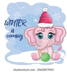 Cute cartoon elephant, childish character with beautiful eyes wearing santa hat, scarf, holding gift, christmas ball or candy cane. The concept of the holiday of Christmas and New Year