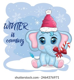 Cute cartoon elephant, childish character with beautiful eyes wearing santa hat, scarf, holding gift, christmas ball or candy cane. The concept of the holiday of Christmas and New Year