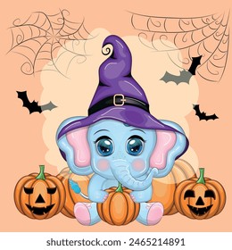Cute cartoon elephant, childish character in wizard hat with pumpkin, potion or broom. Halloween postcard.