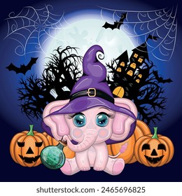 Cute cartoon elephant, childish character in wizard hat with pumpkin, potion or broom. Halloween postcard.