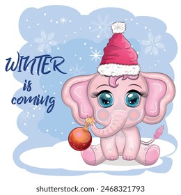 Cute cartoon elephant, childish character with beautiful eyes wearing santa hat, scarf, holding gift, christmas ball or candy cane. The concept of the holiday of Christmas and New Year