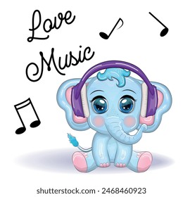 Cute cartoon elephant, childish character with beautiful eyes wearing headphones, music lover listening to music or learning lessons