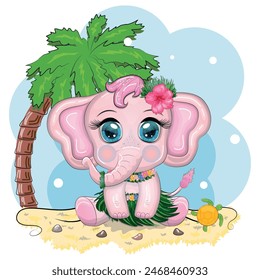 Cute cartoon elephant, childish character with beautiful eyes in Hawaiian costume, beach and vacation.