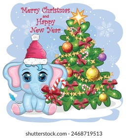 Cute cartoon elephant, childish character in santa hat with gift, christmas ball or candy cane near christmas tree. New Year