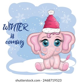 Cute cartoon elephant, childish character with beautiful eyes wearing santa hat, scarf, holding gift, christmas ball or candy cane. The concept of the holiday of Christmas and New Year