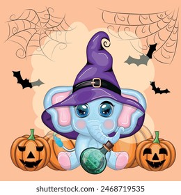 Cute cartoon elephant, childish character in wizard hat with pumpkin, potion or broom. Halloween postcard.