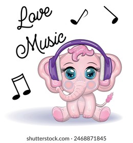 Cute cartoon elephant, childish character with beautiful eyes wearing headphones, music lover listening to music or learning lessons