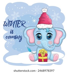 Cute cartoon elephant, childish character with beautiful eyes wearing santa hat, scarf, holding gift, christmas ball or candy cane. The concept of the holiday of Christmas and New Year
