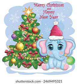 Cute cartoon elephant, childish character in santa hat with gift, christmas ball or candy cane near christmas tree. New Year