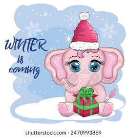 Cute cartoon elephant, childish character with beautiful eyes wearing santa hat, scarf, holding gift, christmas ball or candy cane. The concept of the holiday of Christmas and New Year