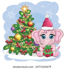 Cute cartoon elephant, childish character in santa hat with gift, christmas ball or candy cane near christmas tree. New Year