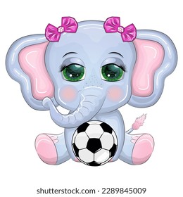 Cute cartoon elephant, children's character with beautiful eyes with a soccer ball, games for children and adults.