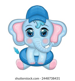 Cute cartoon elephant, children's character in a swimming circle and panama hat, summer, vacation, beach.