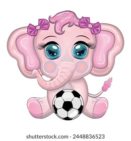 Cute cartoon elephant, children's character with beautiful eyes with a soccer ball, games for children and adults.
