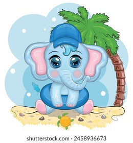Cute cartoon elephant, children's character in a swimming circle and panama hat, summer, vacation, beach