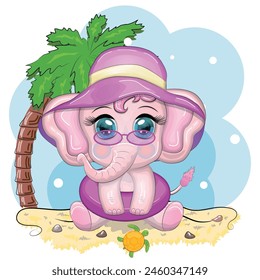 Cute cartoon elephant, children's character in a swimming circle and panama hat, summer, vacation, beach