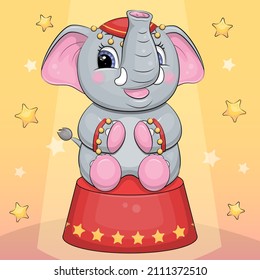 Cute cartoon elephant in the circus. Vector illustration of an animal on a yellow background with stars.