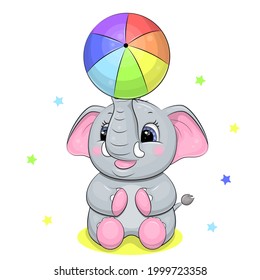 Cute cartoon elephant with colorful ball. Vector illustration of an animal on a white background with stars.