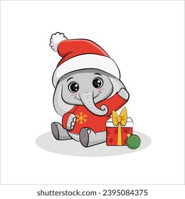 Cute cartoon elephant cub isolated on white background. Christmas card with elephant. Vector illustration
