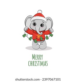 Cute cartoon elephant cub isolated on white background. Christmas card with elephant. Vector illustration
