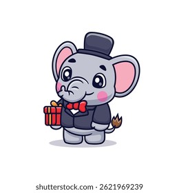 Bonito Elefante de Desenho Animado Vestido Up Trazendo Presentes de Festa de Aniversário Ícone Ilustração Vetor, Animais de Moda, Estilo de Desenho Animado Plano