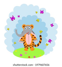 cute cartoon elephant dressed in a tiger costume stands. the concept of the animator. vector flat illustration.