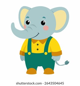 Cute cartoon elephant dressed in a yellow shirt and pants. Perfect for children's books, nursery decor, games, or jungle themed designs. Isolated vector on white background.