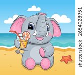A Cute Cartoon Elephant with a Drink on the Beach. Summer Animal vector illustration with sea, sun, sand and starfish.