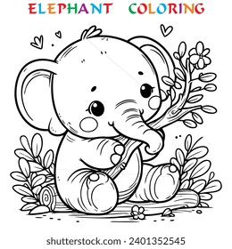 cute cartoon of an elephant eating a tree branch, line art, for coloring, vector, isolated