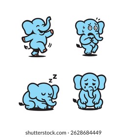Bonito Desenho Animado Elefante Emoções Set, Feliz, Assustado, Sonolento, Triste