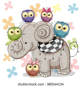 Cute Cartoon Elephant and Five Owls on a flowers background