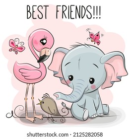 Cute Cartoon Elephant and Flamingo on a pink background