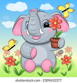 Cute cartoon elephant with a flower pot. Vector illustration of an animal in nature with flowers and butterflies.