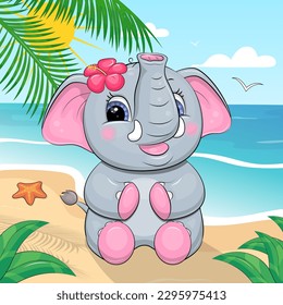 A cute cartoon elephant with a flower is sitting on the beach. Summer animal vector illustration with palm tree, sea, sun, sand, starfish and tropical leaves.