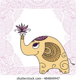 Cute cartoon elephant with flower. Vector illustration.