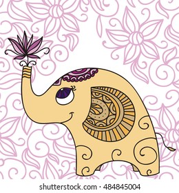 Cute cartoon elephant with flower. Vector illustration.