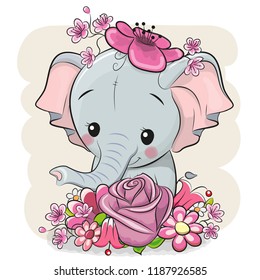 Cute Cartoon Elephant with flowers on a white background