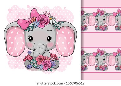 Cute Cartoon Elephant with flowers on a white background