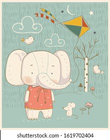 Cute cartoon Elephant and fly kite. Hand drawn vector illustration. Can be used for baby t-shirt print, fashion print design, kids wear, baby shower celebration greeting and invitation card.