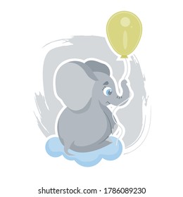 Cute cartoon elephant flying on a yellow balloon, can be used as a print on children s clothing, vector eps 10 illustration