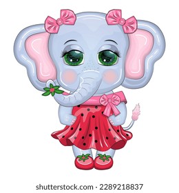 Cute cartoon elephant girl, children's character in a beautiful dress.